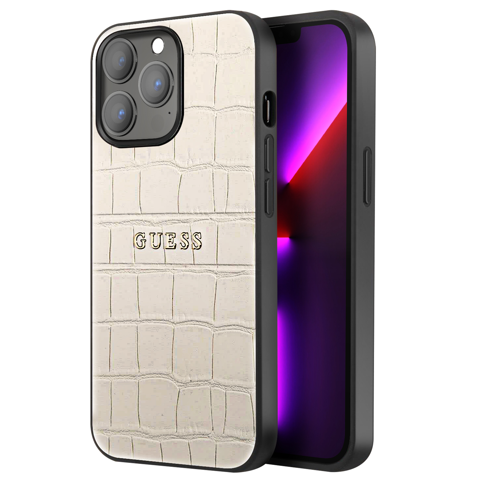 Custodia con motivo coccodrillo e scritta GUESS, bordi neri.