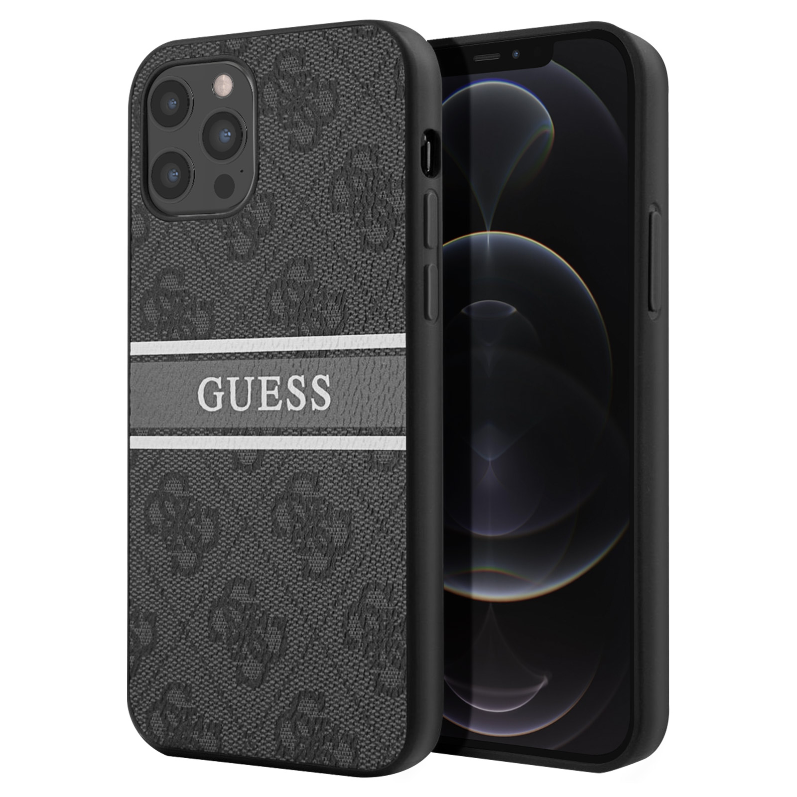 Custodia nera per telefono con testo GUESS. Il telefono ha uno schermo nero e la custodia un design nero.