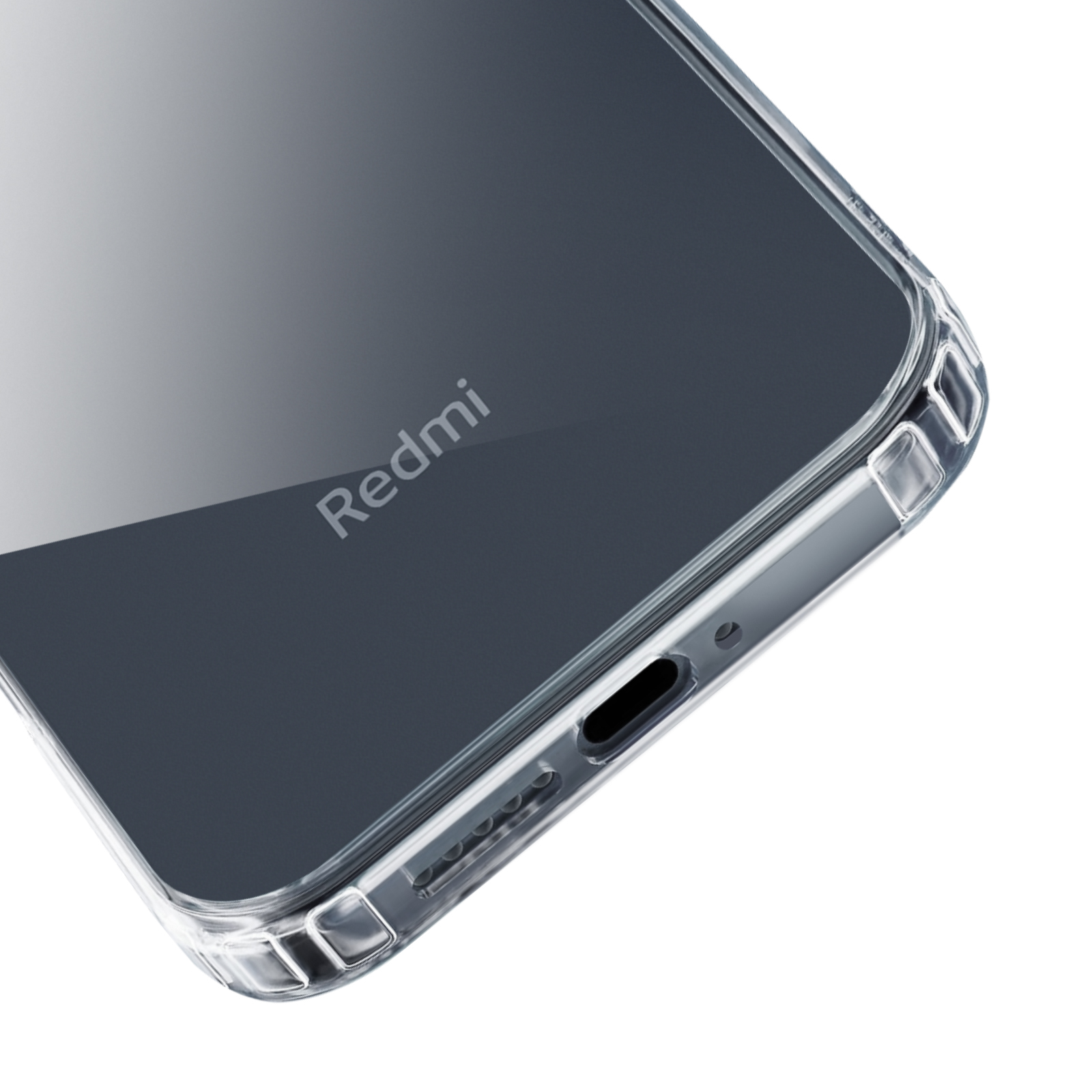 Przezroczyste etui z napisem 'Redmi' z tyłu, pokazujące ciemny ekran.