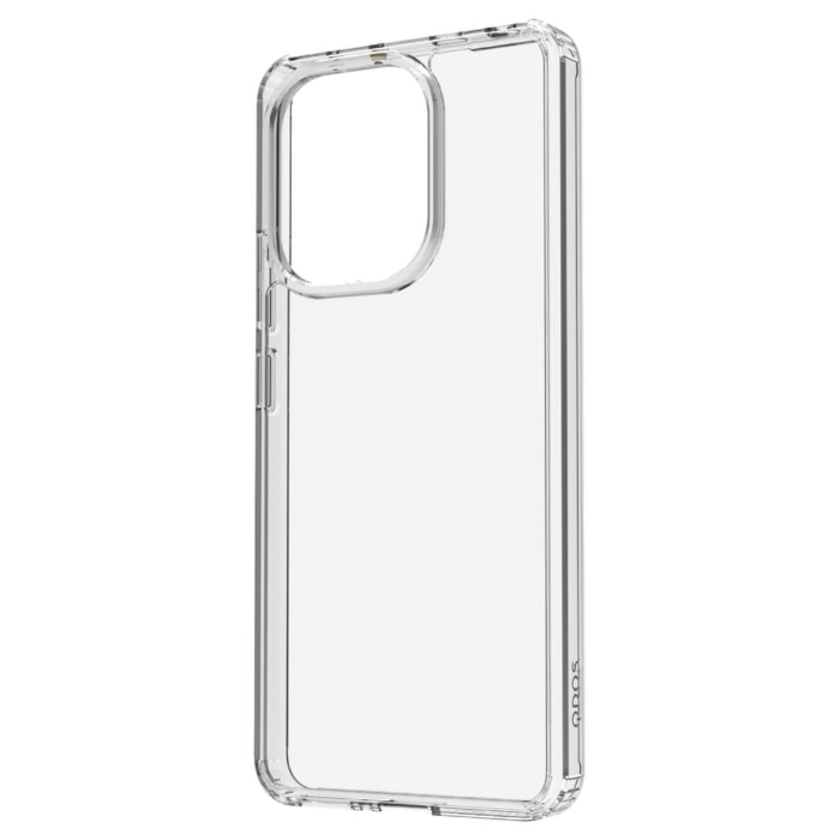 Custodia trasparente con ritaglio per fotocamera su sfondo bianco.