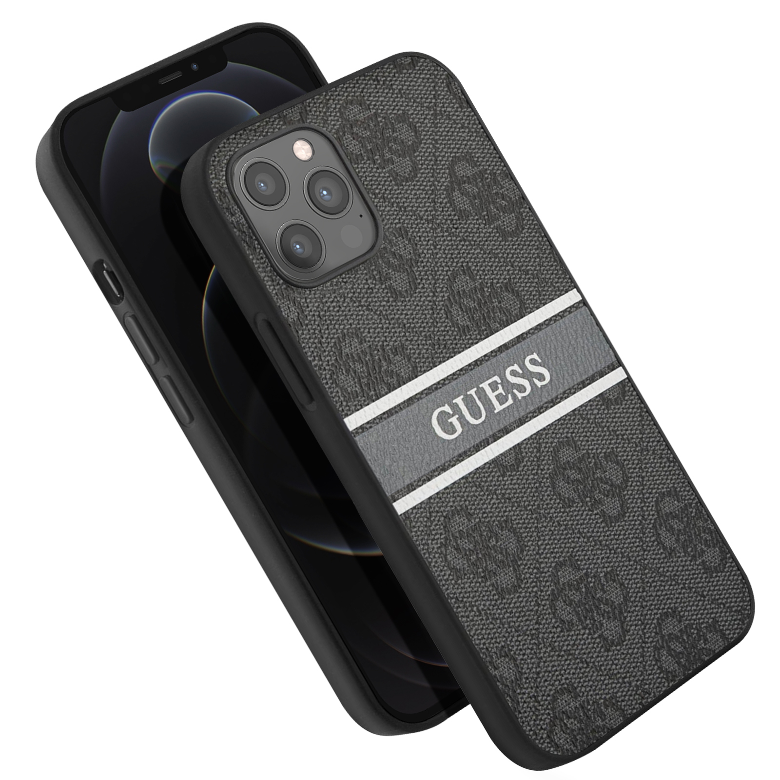 Custodia per telefono con il motivo del logo GUESS in grigio scuro e una striscia bianca con il testo GUESS.