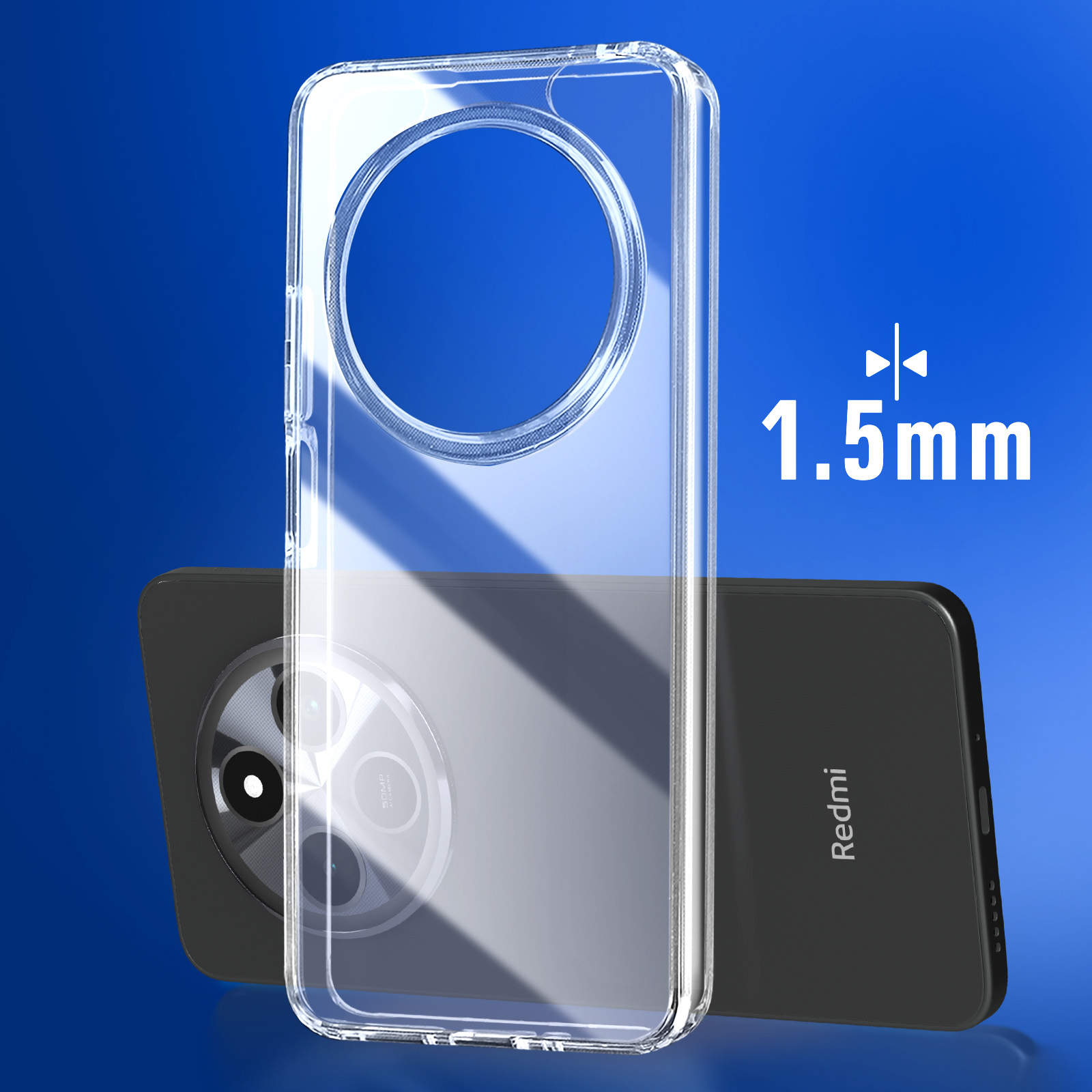 Przezroczyste etui na czarnym telefonie, pokazujące tył i aparat.