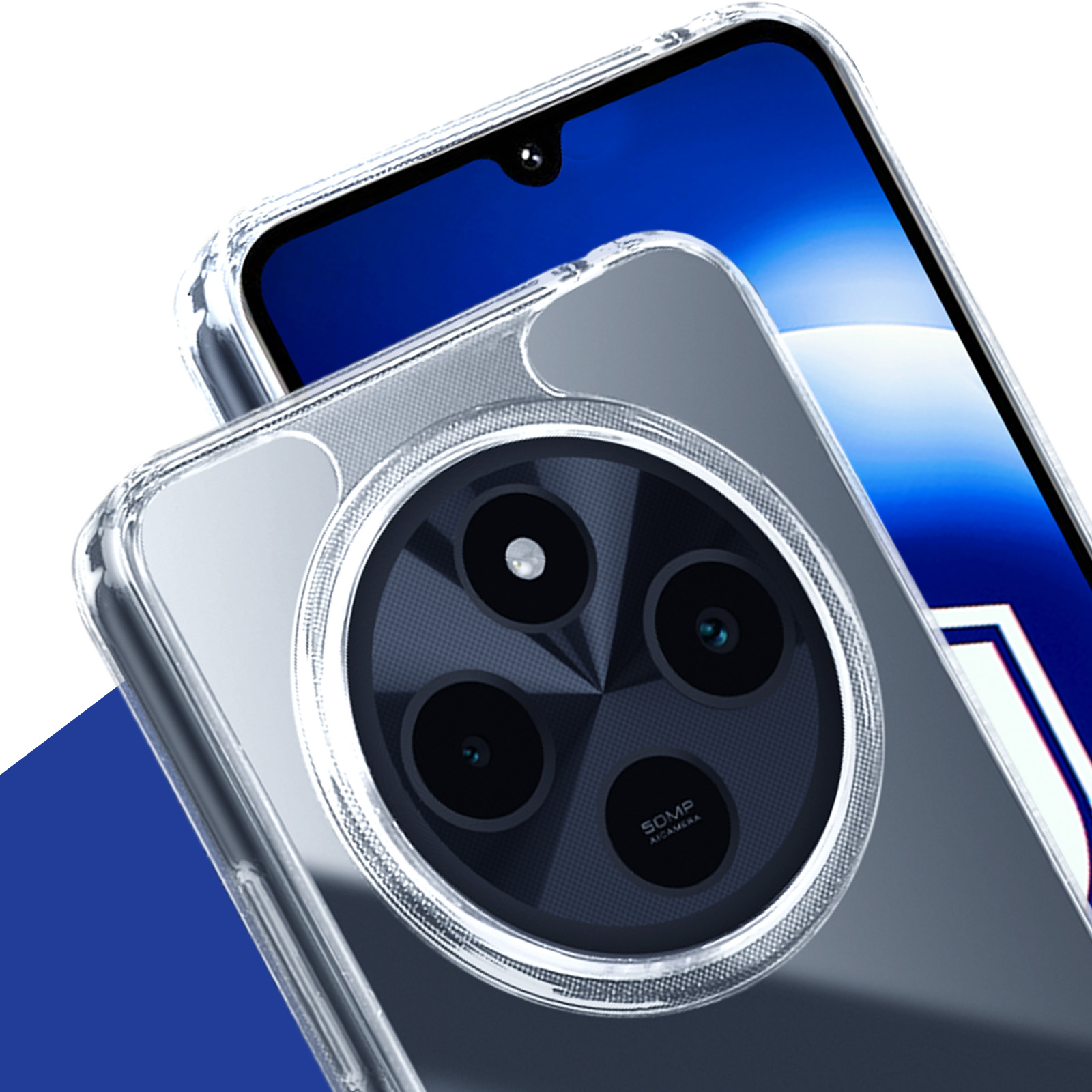 Telefon z przezroczystym etui. Etui zakrywa tył telefonu i jest przezroczyste.