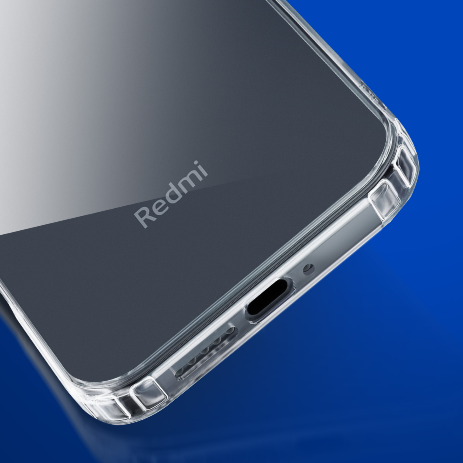 Przezroczyste etui na telefon. Logo Redmi. Niebieskie tło.