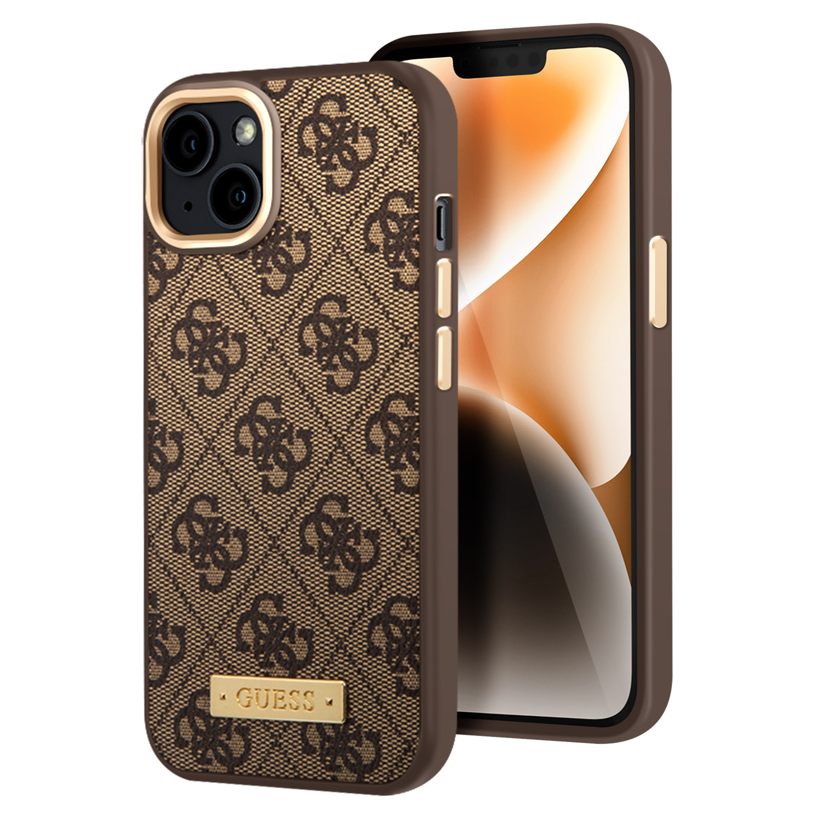 Una custodia per telefono marrone con un motivo del logo Guess. Un distintivo Guess dorato.