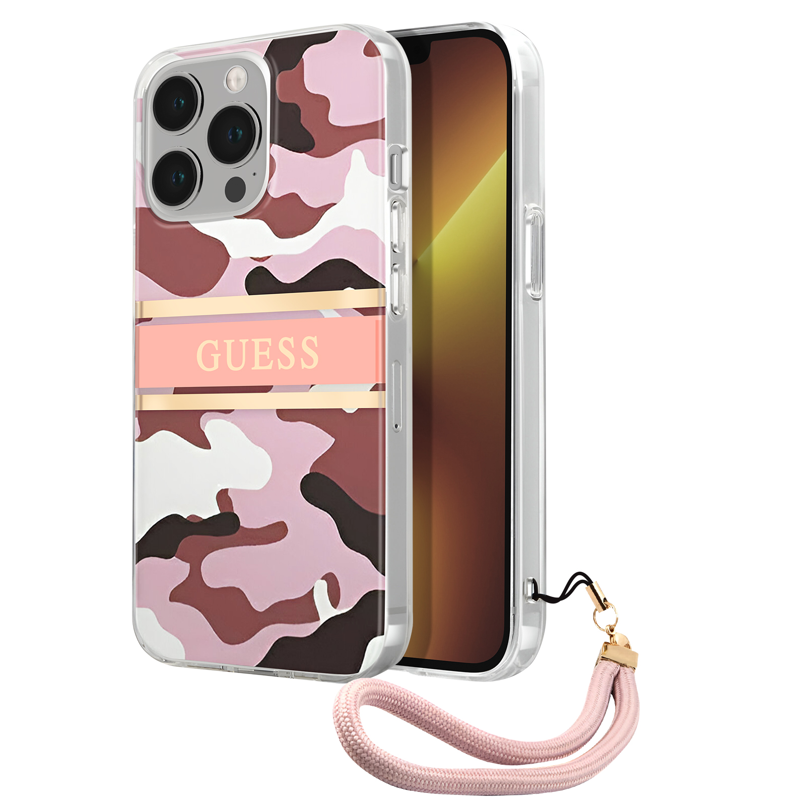 Un telefono in una custodia trasparente con un motivo mimetico rosa e un cinturino rosa.
