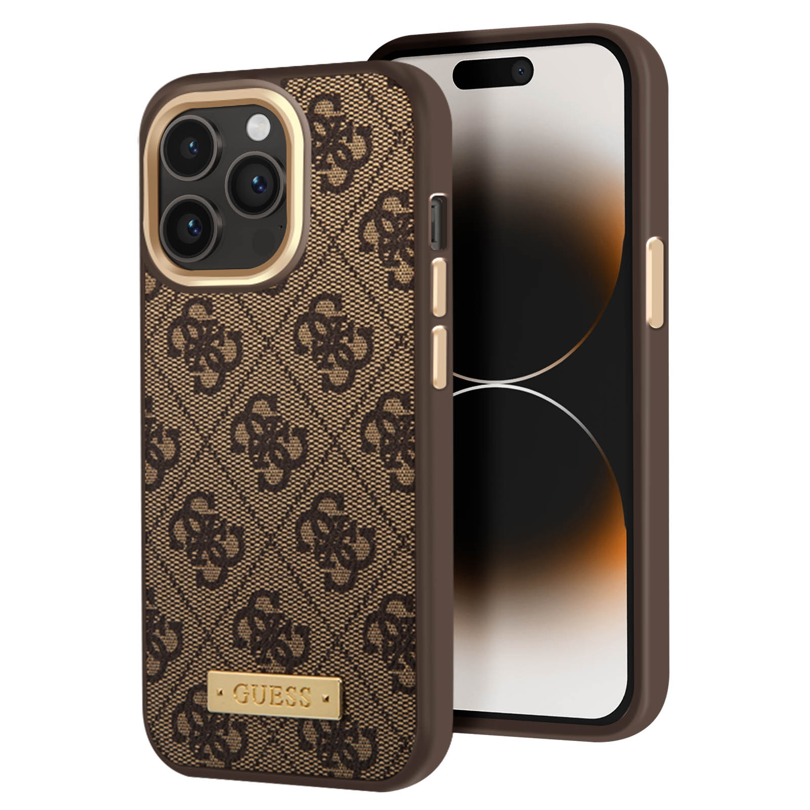 Custodia GUESS marrone con un motivo. Il telefono è visibile.