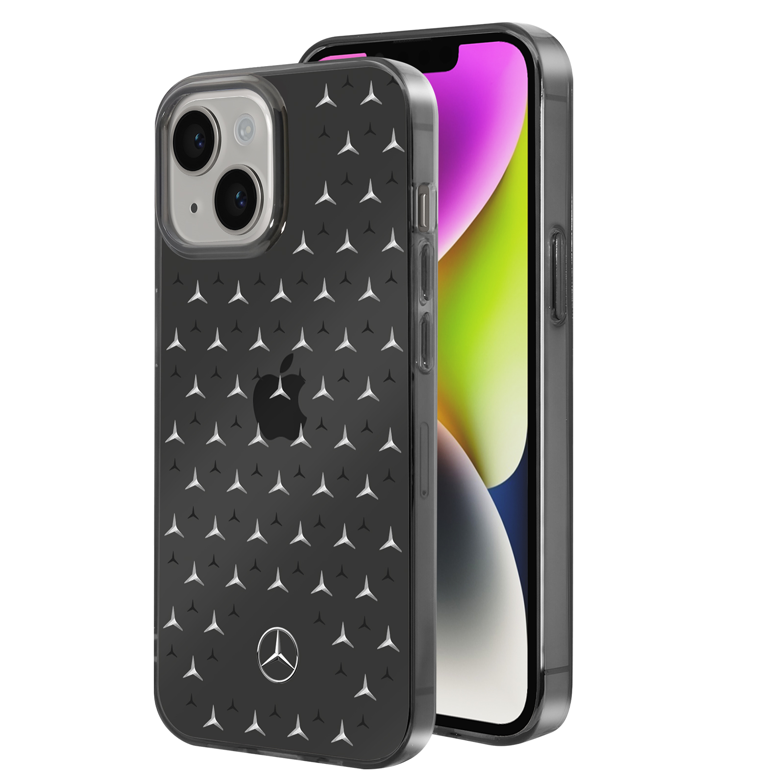 Custodia per telefono nera con logo Mercedes. Lo sfondo è di colore chiaro. Lo schermo del telefono è visibile.
