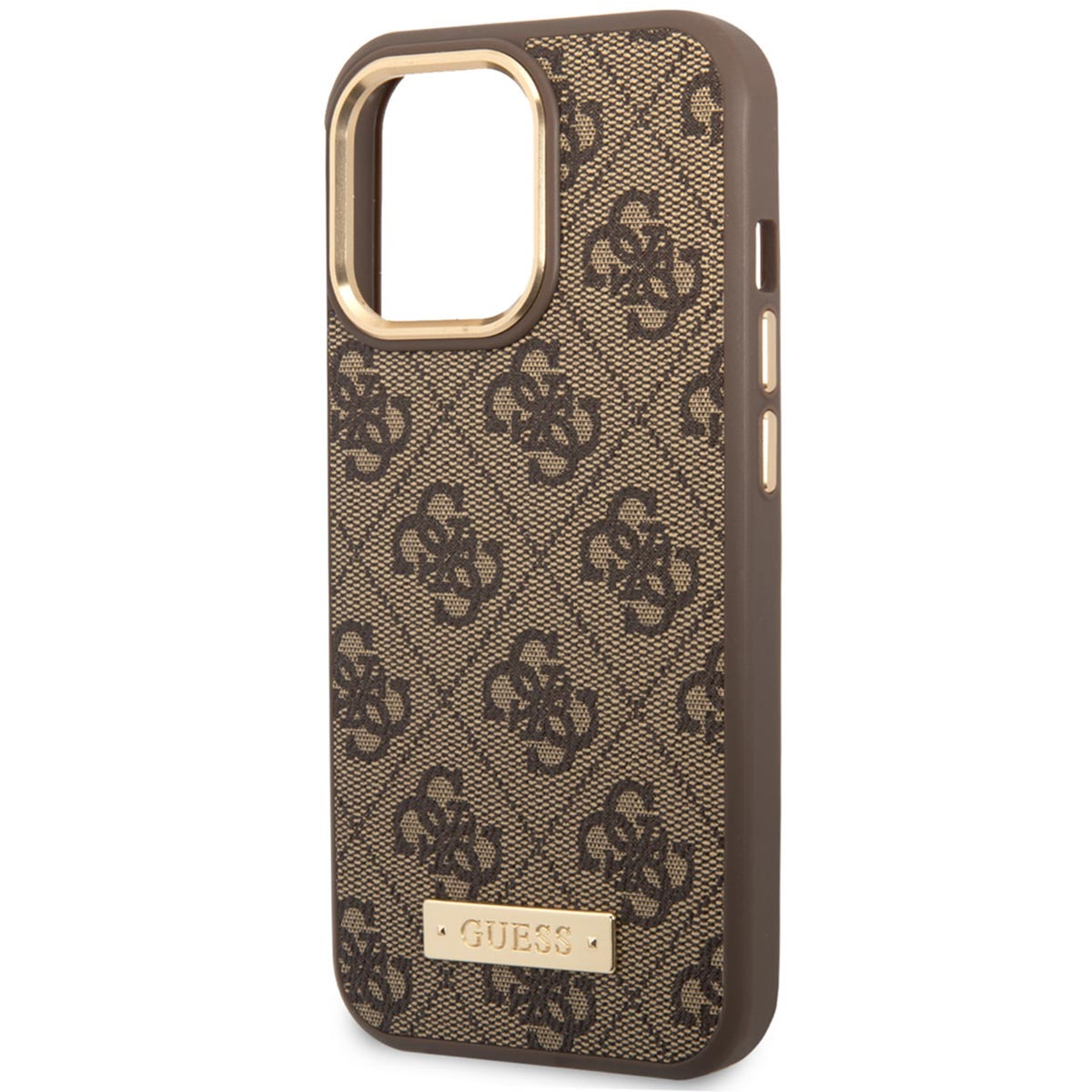 Una custodia per telefono marrone con un motivo del logo Guess. Un distintivo Guess dorato.