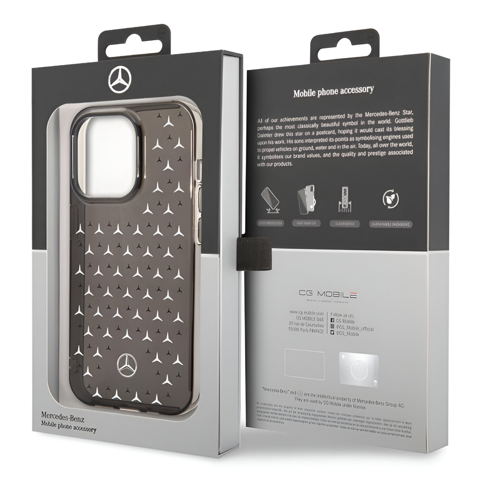 Custodia per telefono Mercedes-Benz in una scatola. Custodia nera, logo bianco. Scatola con testo. Dettagli degli accessori visibili.