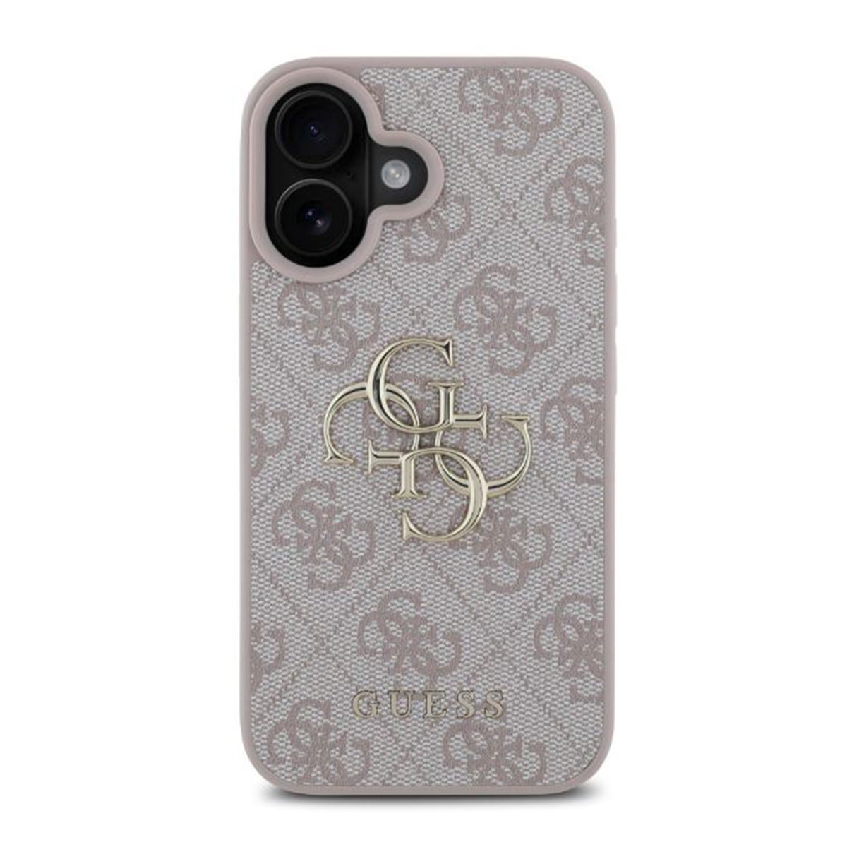 Custodia per telefono, grigio chiaro con motivo, logo dorato e fori per la fotocamera. Sfondo bianco.