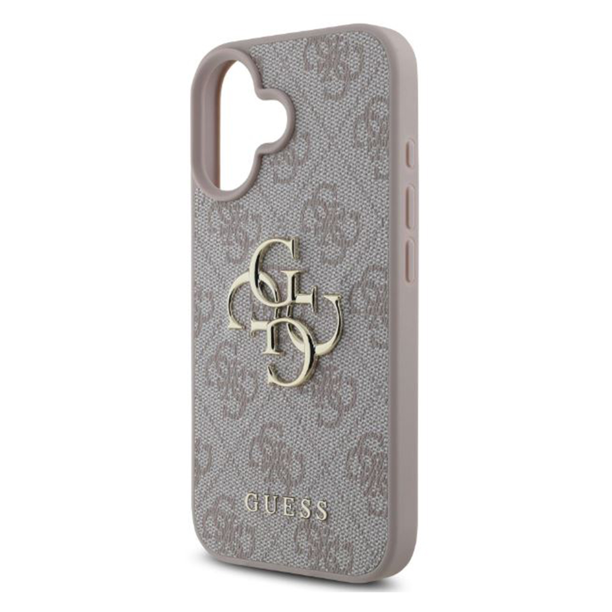 Custodia Guess grigia con logo dorato e design a fantasia.