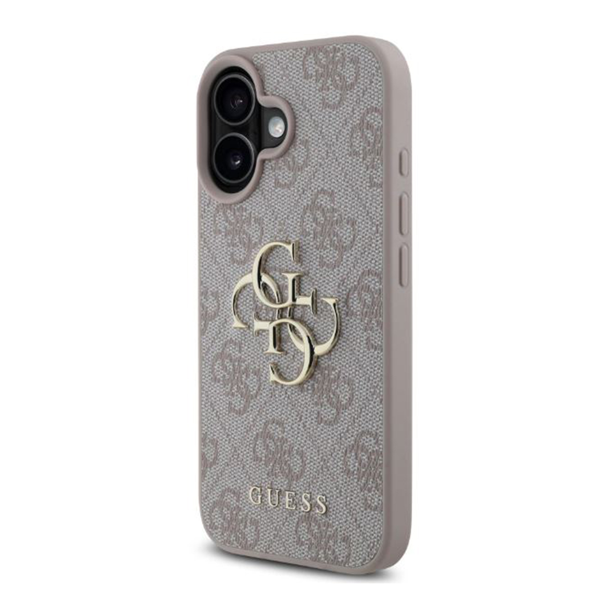 Custodia per telefono con motivo grigio e logo Guess. La custodia è su un telefono.