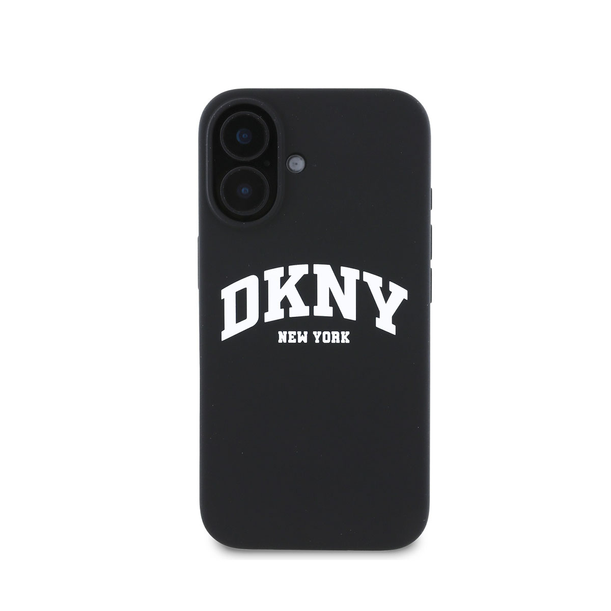 Custodia per telefono DKNY nera con logo bianco DKNY New York. La custodia ha fori per la fotocamera.