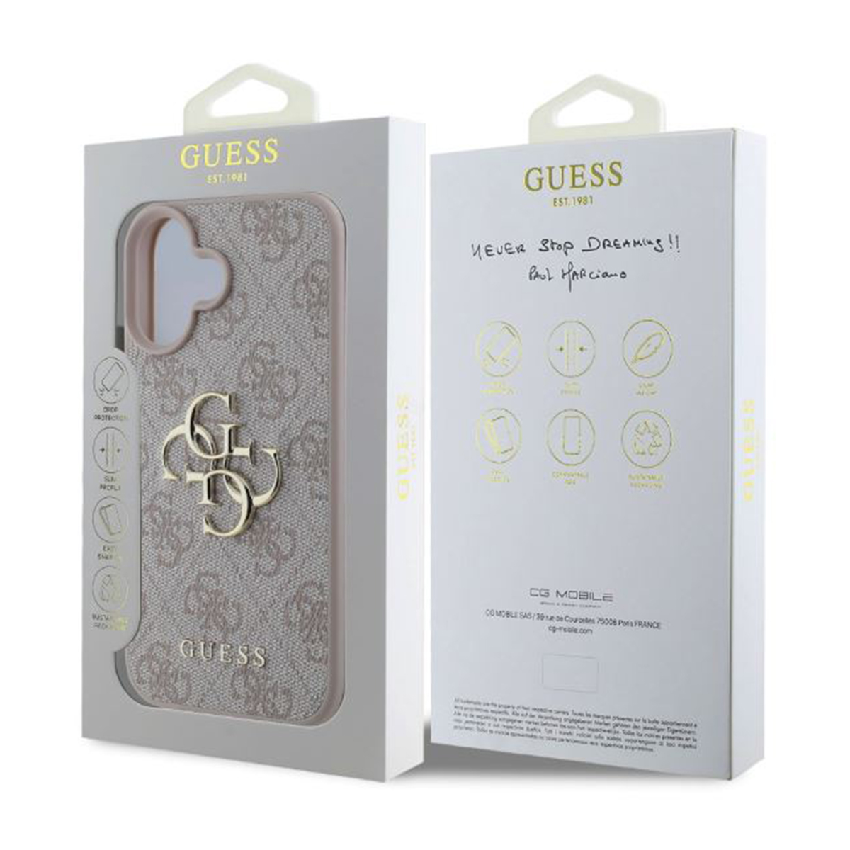 Confezione custodia, fronte e retro. Logo Guess sul davanti. Sfondo bianco, con dettagli.