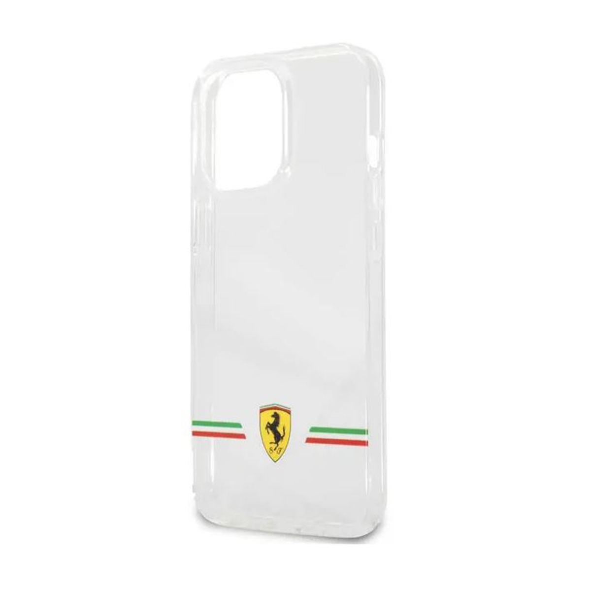 Una custodia trasparente con il logo Ferrari e i colori della bandiera italiana. Sfondo bianco. Vista dall'alto.