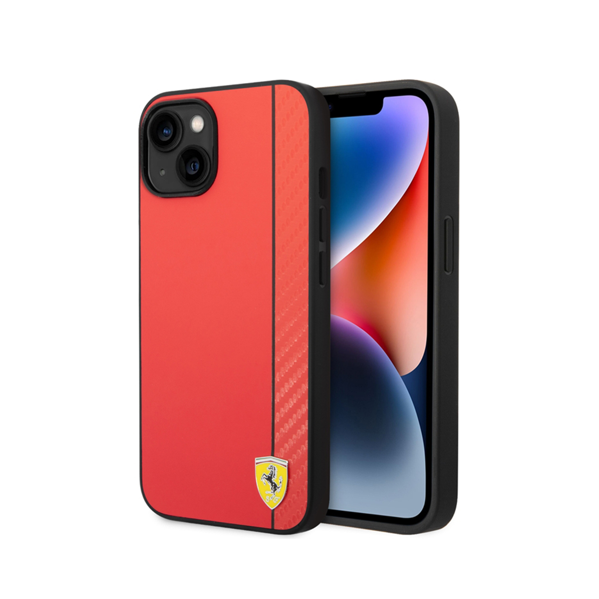 Funda de teléfono roja con una franja negra y un logotipo de Ferrari sobre fondo blanco.