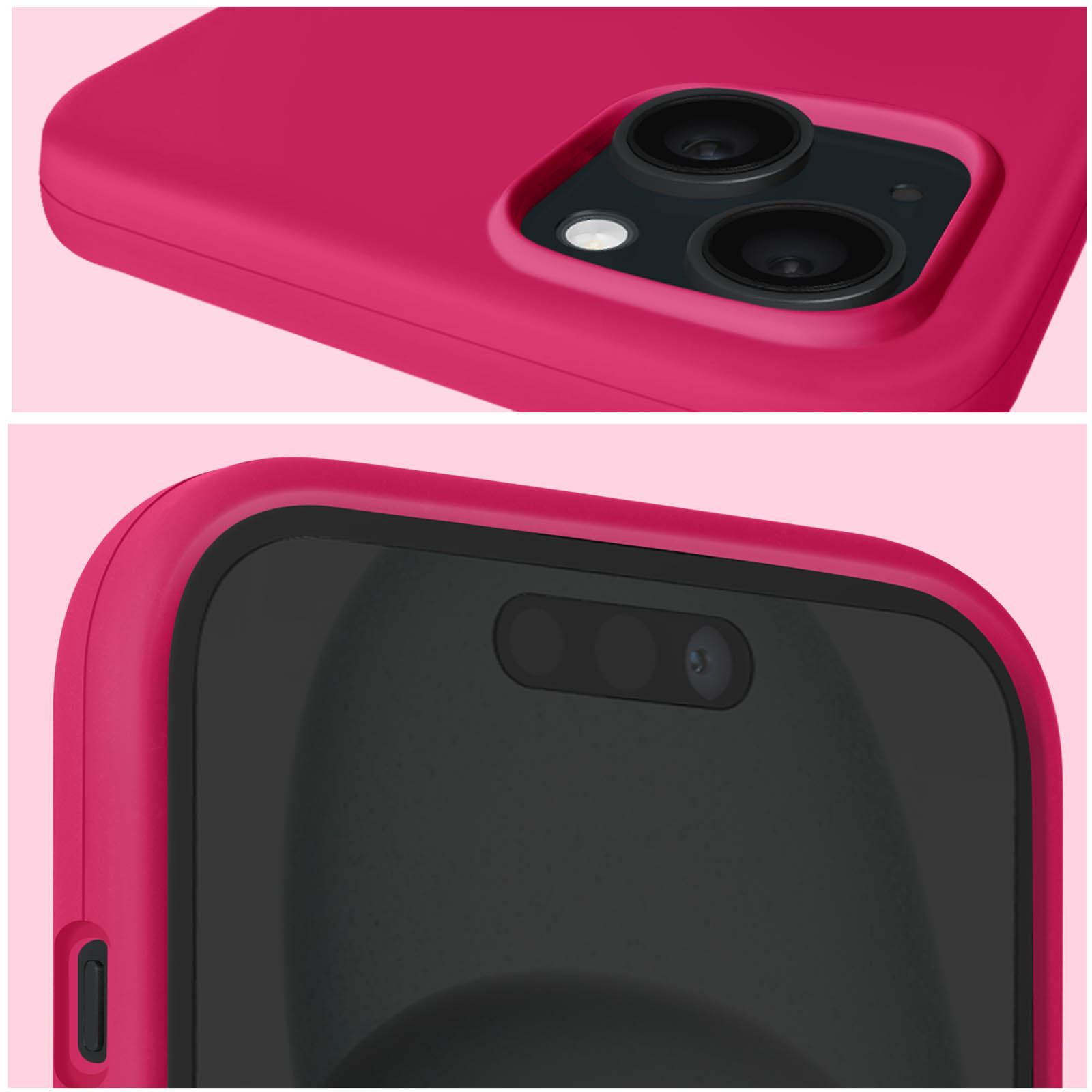 Primo piano di una custodia rosa e di un telefono. I dettagli della fotocamera e dello schermo sono visibili.