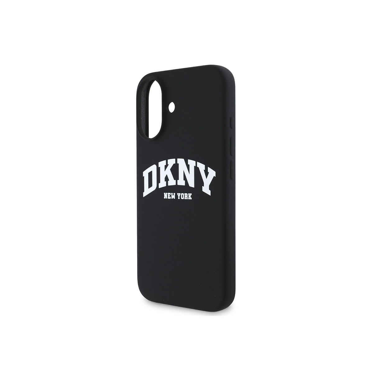 Custodia nera con DKNY a lettere bianche. New York è scritto sotto DKNY in bianco.