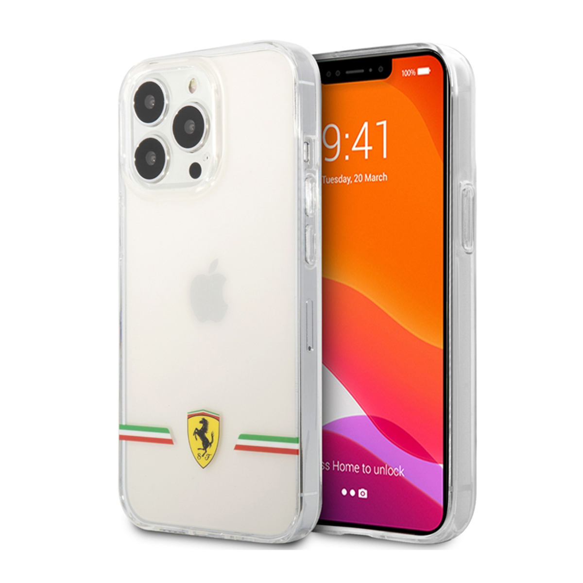 Custodia trasparente con logo Ferrari su superficie bianca. Telefono con schermo arancione.