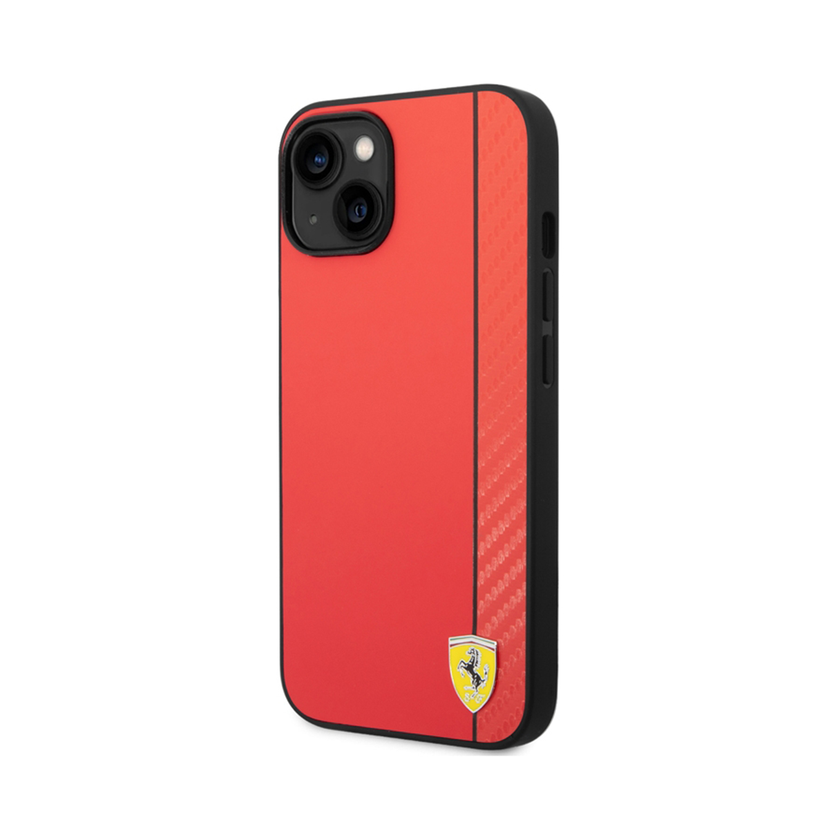 Funda roja para teléfono con bordes negros, logo Ferrari. Patrón de línea diagonal en el lateral.
