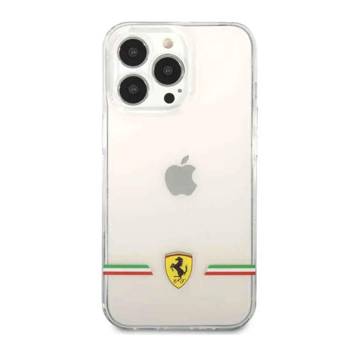 Custodia trasparente con logo Ferrari e strisce della bandiera italiana. Logo Apple sul retro.
