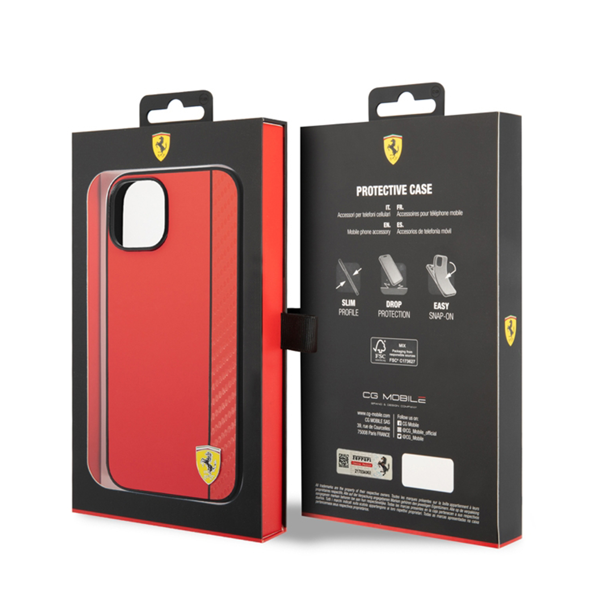 Funda roja de teléfono Ferrari en una caja con el logo y descripciones de la marca.