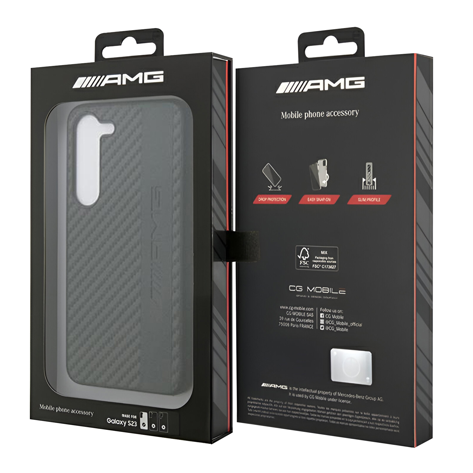 Scatola nera per custodia per telefono con logo AMG. La custodia è visibile.