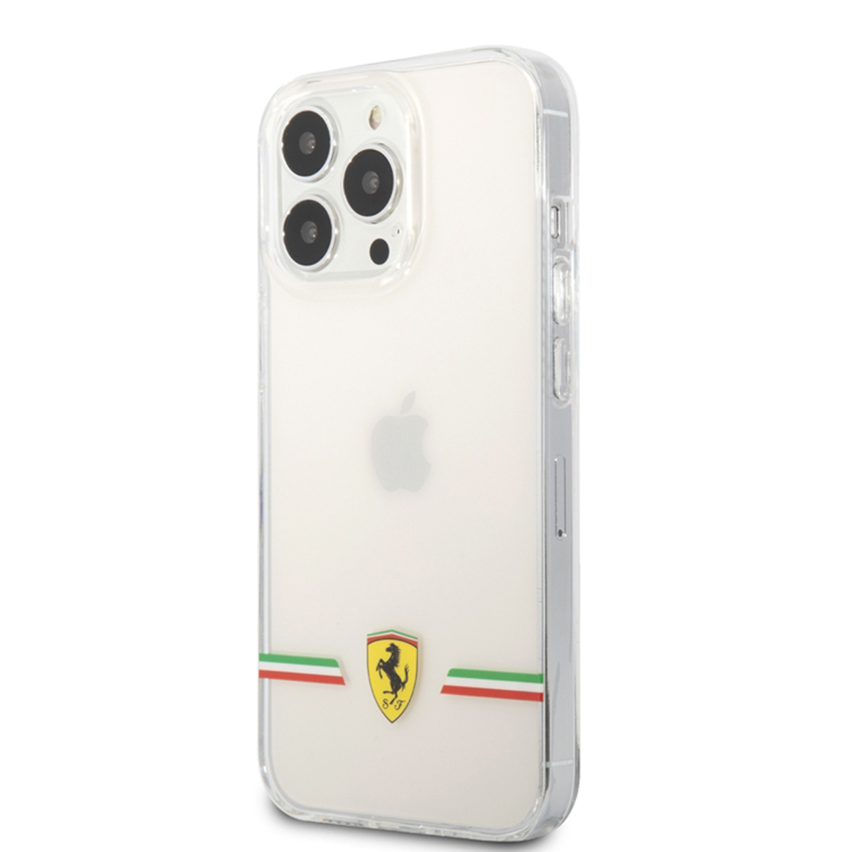 Custodia trasparente per telefono su sfondo bianco. Ha un logo Ferrari e un rialzo della fotocamera.