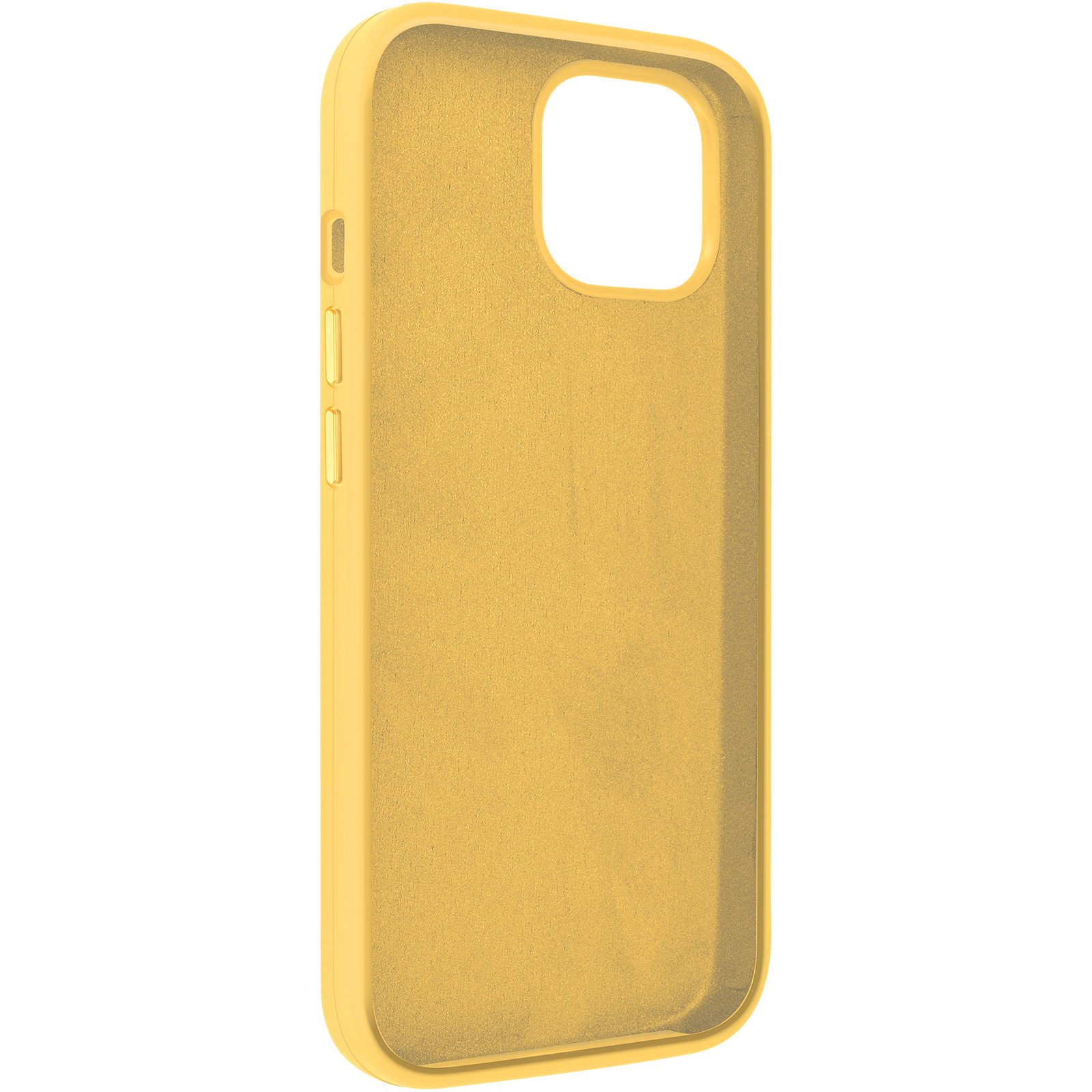 Custodia per telefono gialla. La custodia ha un ritaglio per la fotocamera e i pulsanti laterali. L'interno è strutturato.