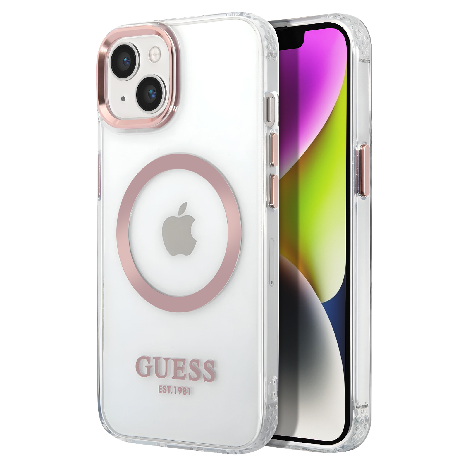 Custodia Guess trasparente con logo Apple e dettagli rosa, che tiene iPhone.