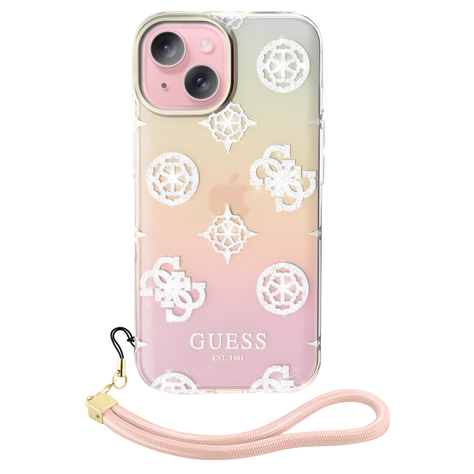 Custodia trasparente con design Guess, cinturino rosa e sfondo sfumato.