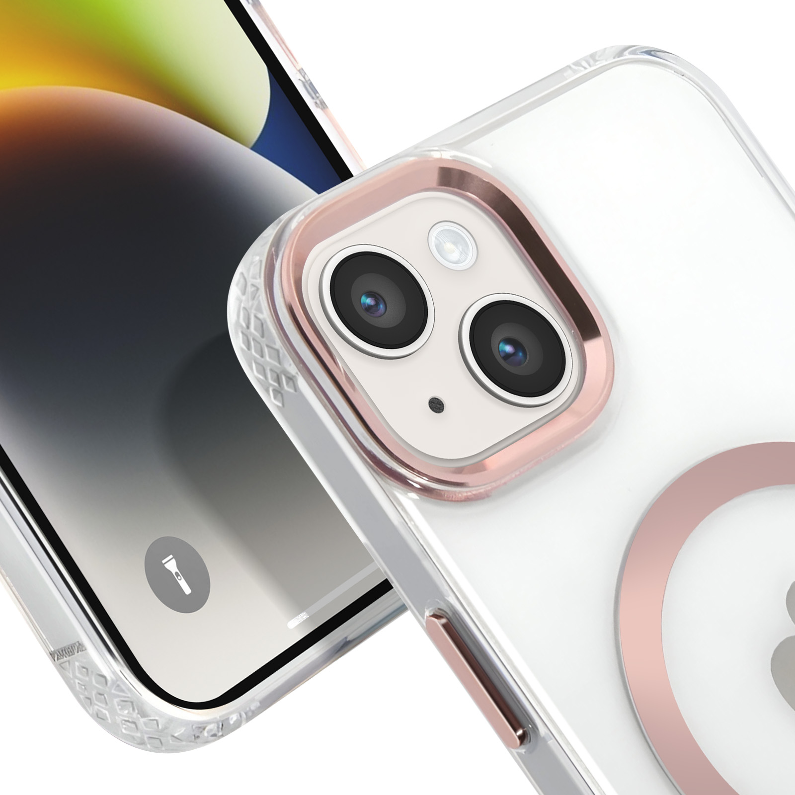 Custodia trasparente con anello oro rosa e protezione fotocamera. Telefono dentro.