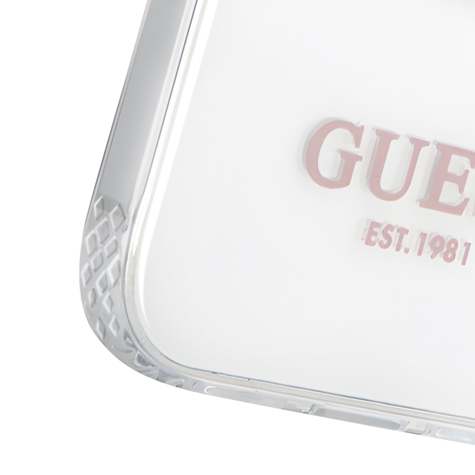 Custodia trasparente con logo "GUESS" rosa. Sfondo bianco.