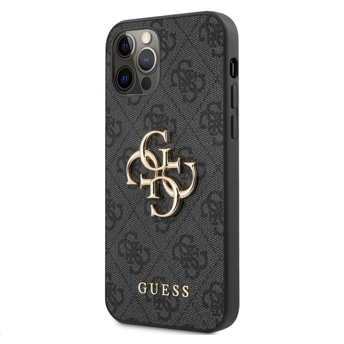 Custodia per telefono nera con motivo logo Guess e un logo Guess dorato.