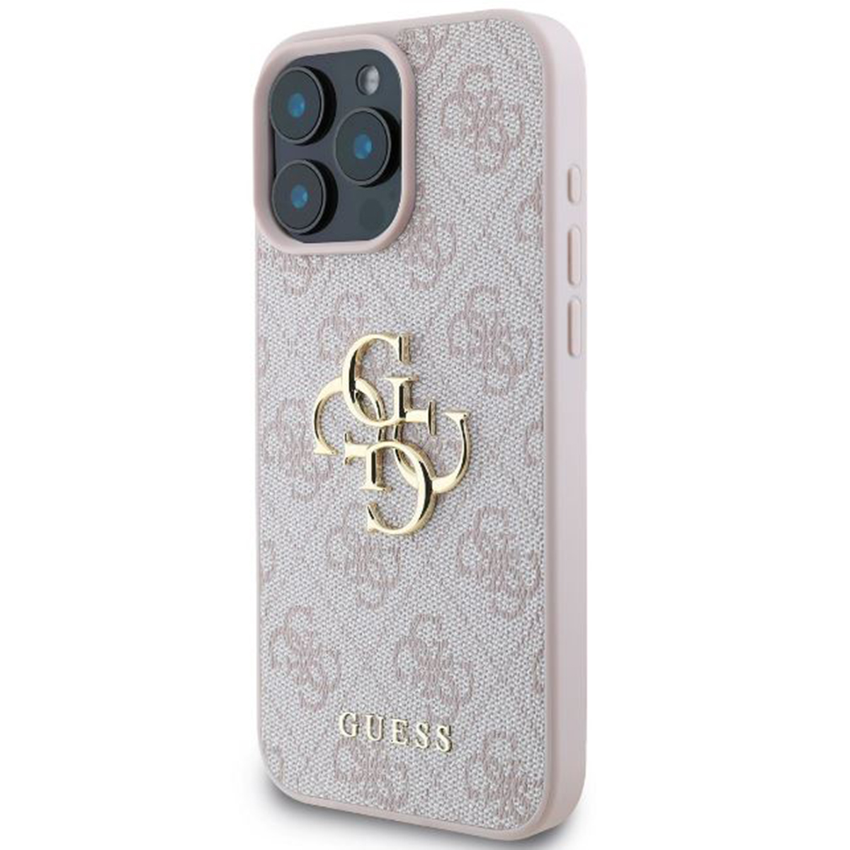 Rosa Handyhülle mit Guess-Logo und Muster. Telefon hat mehrere Kameralinsen.