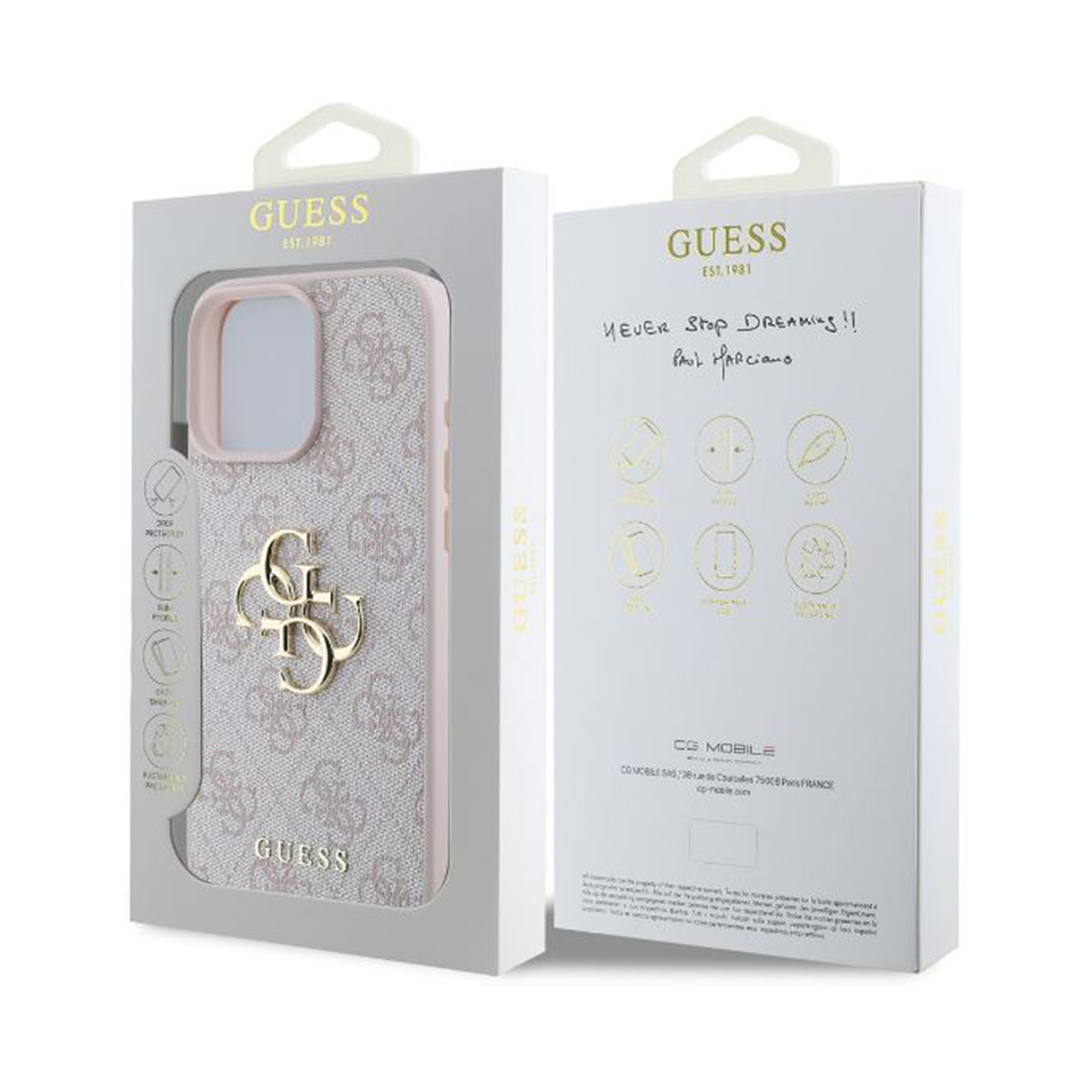 Eine Handyhülle in einer Box. Die Hülle hat ein rosa Design und das Guess-Logo.