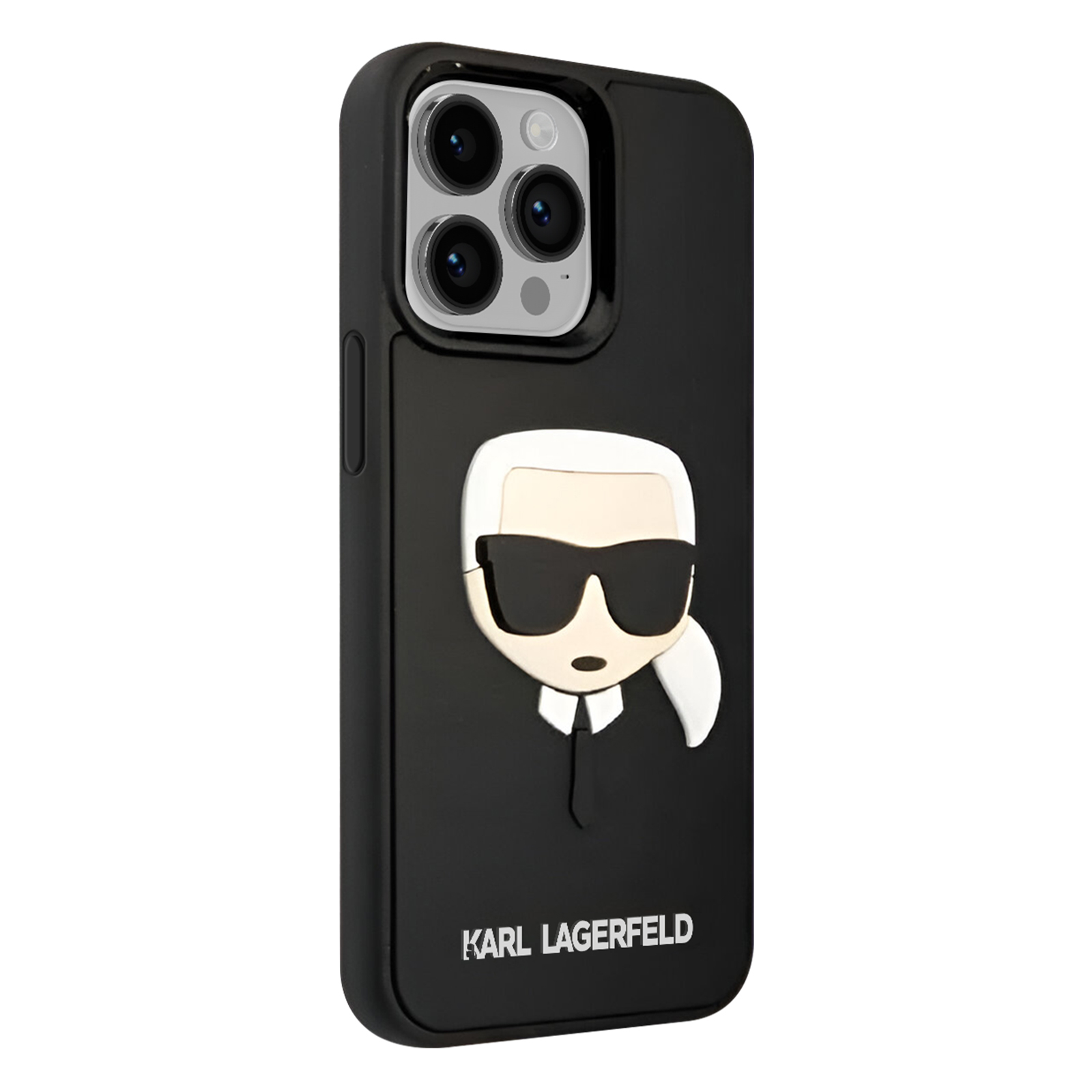 Custodia nera con il volto di Karl Lagerfeld. Capelli bianchi, occhiali da sole e nome.
