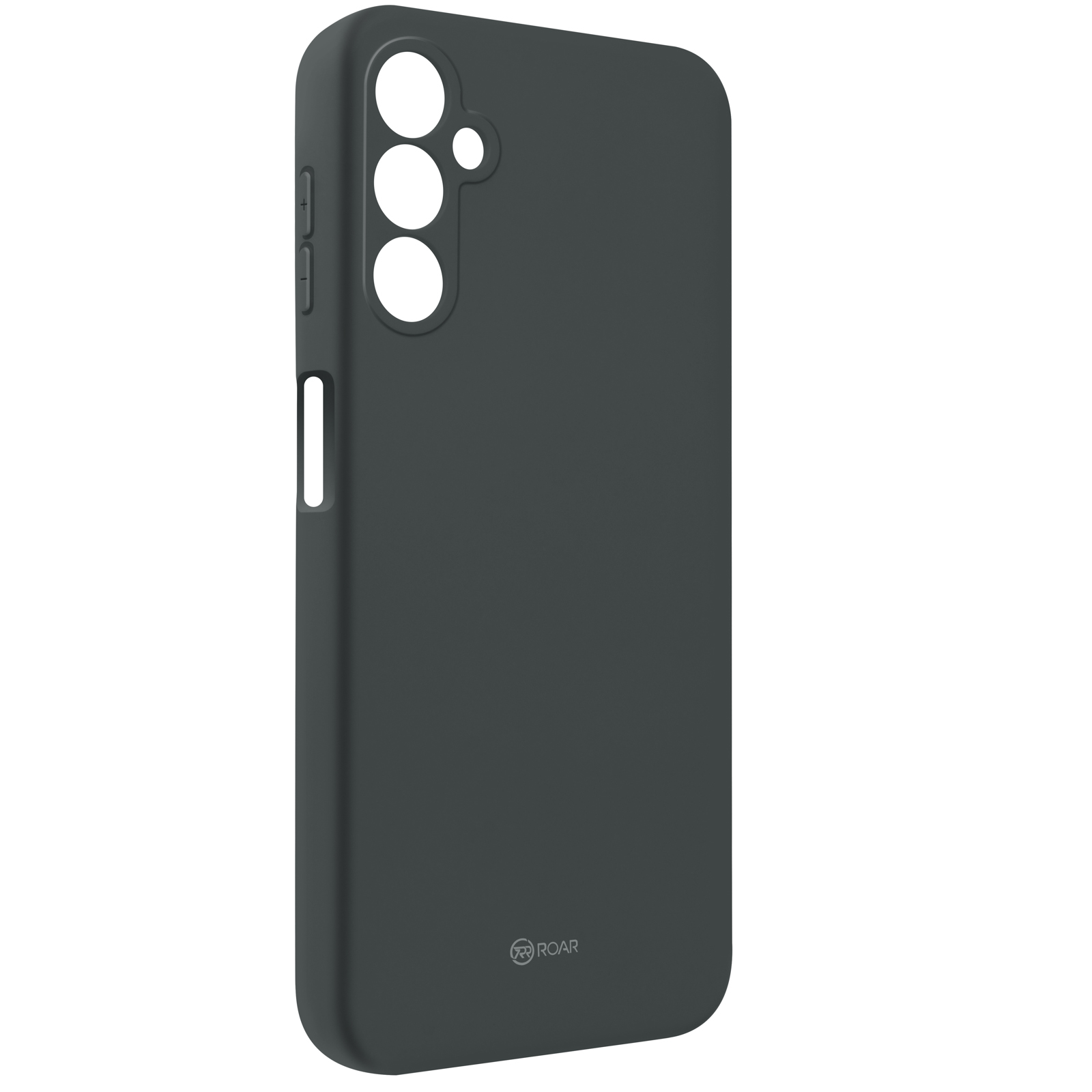 Custodia per telefono grigio scuro. Ha ritagli per fotocamera e pulsanti e un logo ROAR in basso.