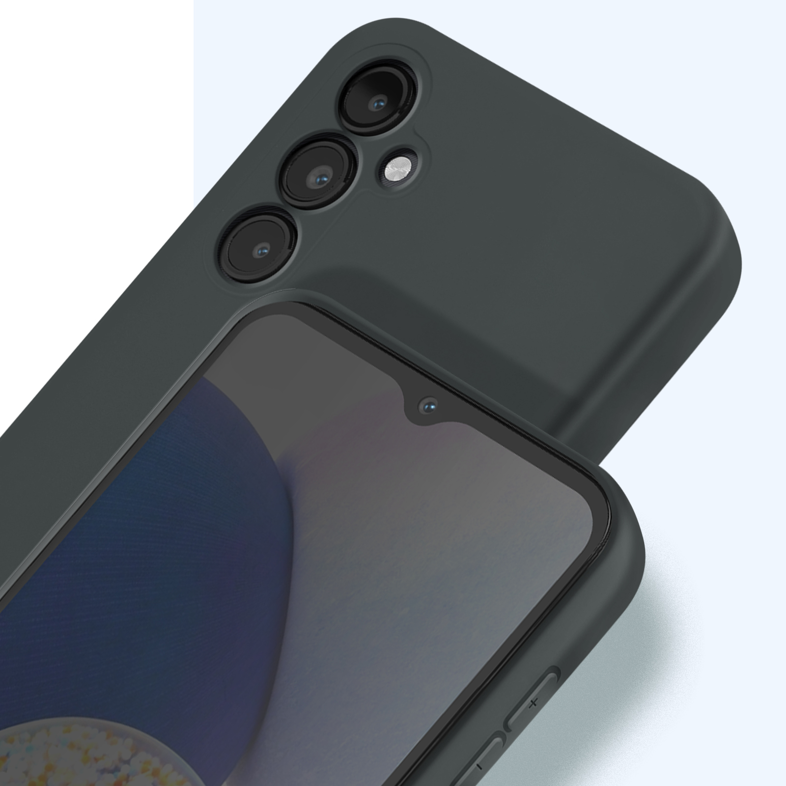 Custodia per telefono grigio scuro con telefono. Tre fotocamere. Sfondo chiaro.