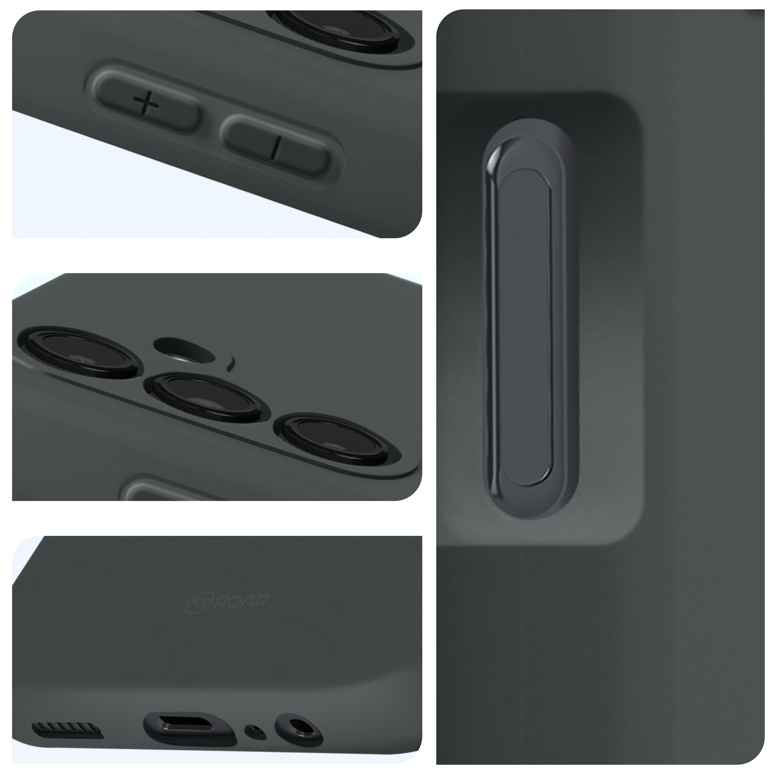 Dettagli della custodia del telefono. Pulsanti, modulo fotocamera e porte visibili su una custodia grigio scuro.