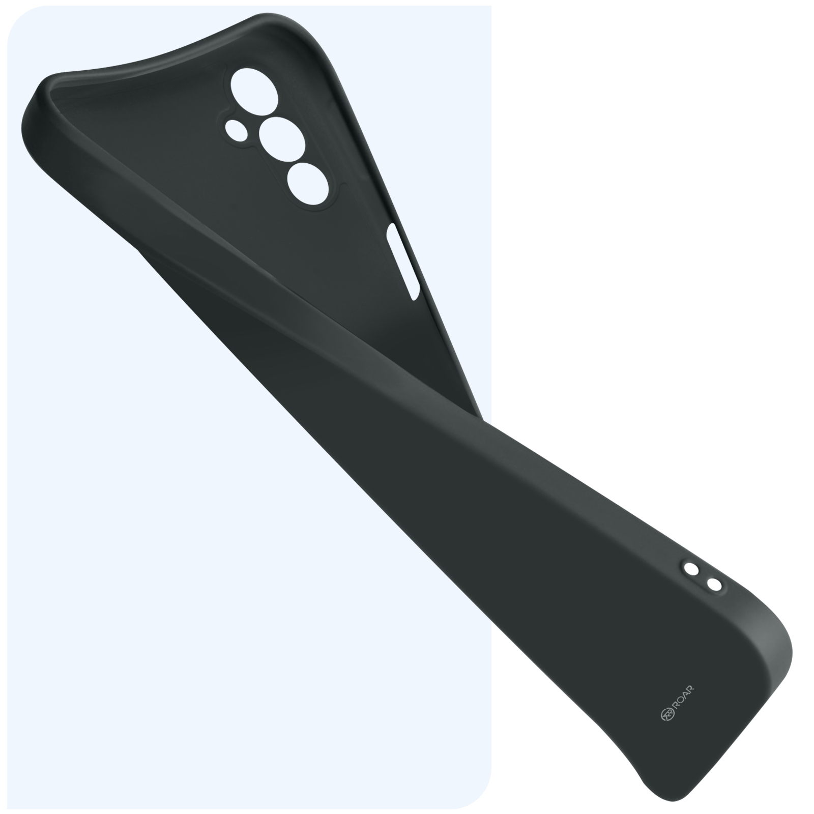 Custodia per telefono nera angolata, che mostra l'interno. La custodia è nera e ha un design curvo.