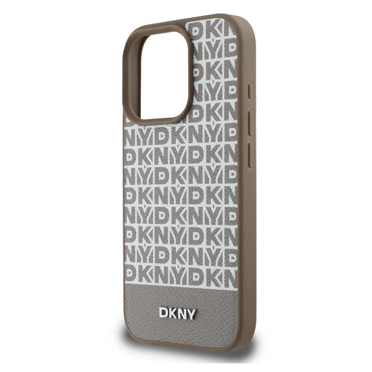 Custodia per telefono color cachi con motivo 'DKNY' ripetuto. Un logo DKNY è in basso.
