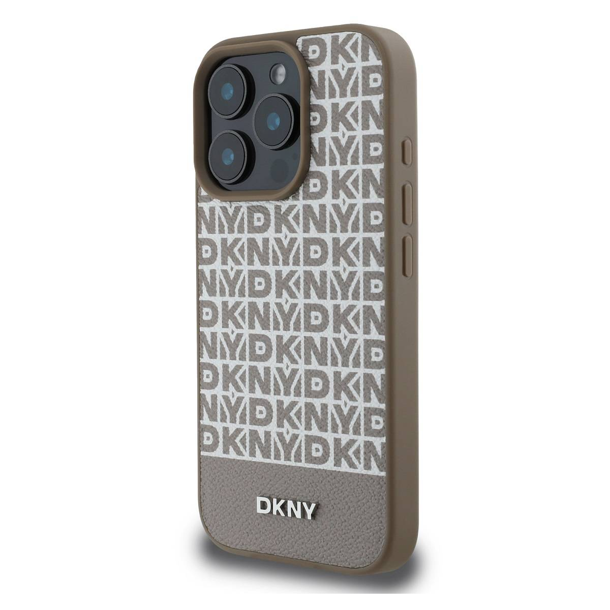 Custodia per telefono con motivo logo DKNY. La custodia è marrone e bianca e ha un logo DKNY in basso.