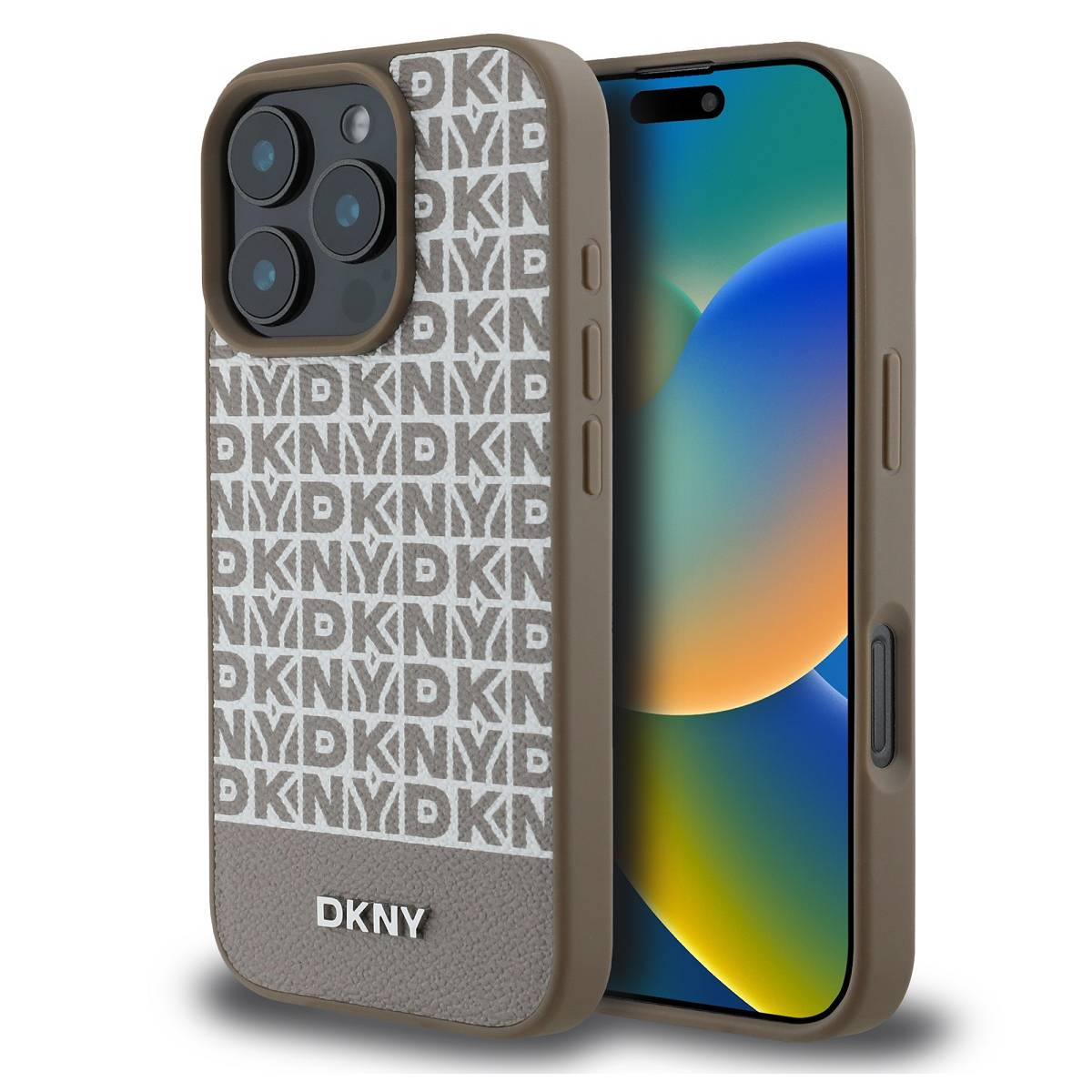 Una custodia per telefono DKNY con un motivo a logo ripetuto. Il telefono è mostrato nella custodia.
