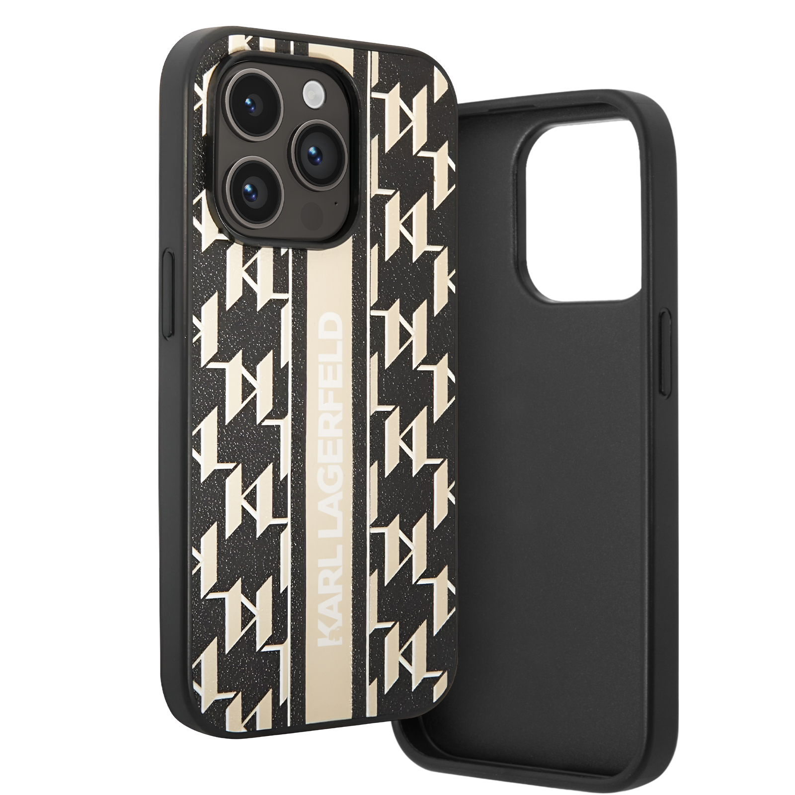 Custodia nera con motivo logo Karl Lagerfeld. Telefono con lenti della fotocamera.