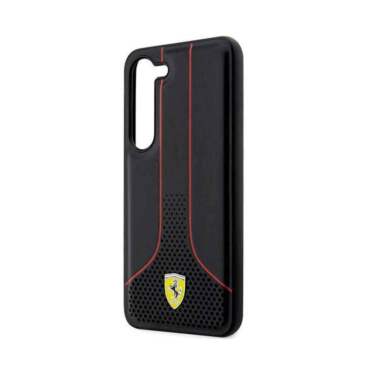 Custodia per telefono nera con linee rosse e logo Ferrari. La custodia ha un ritaglio per la fotocamera e un'area a motivi.