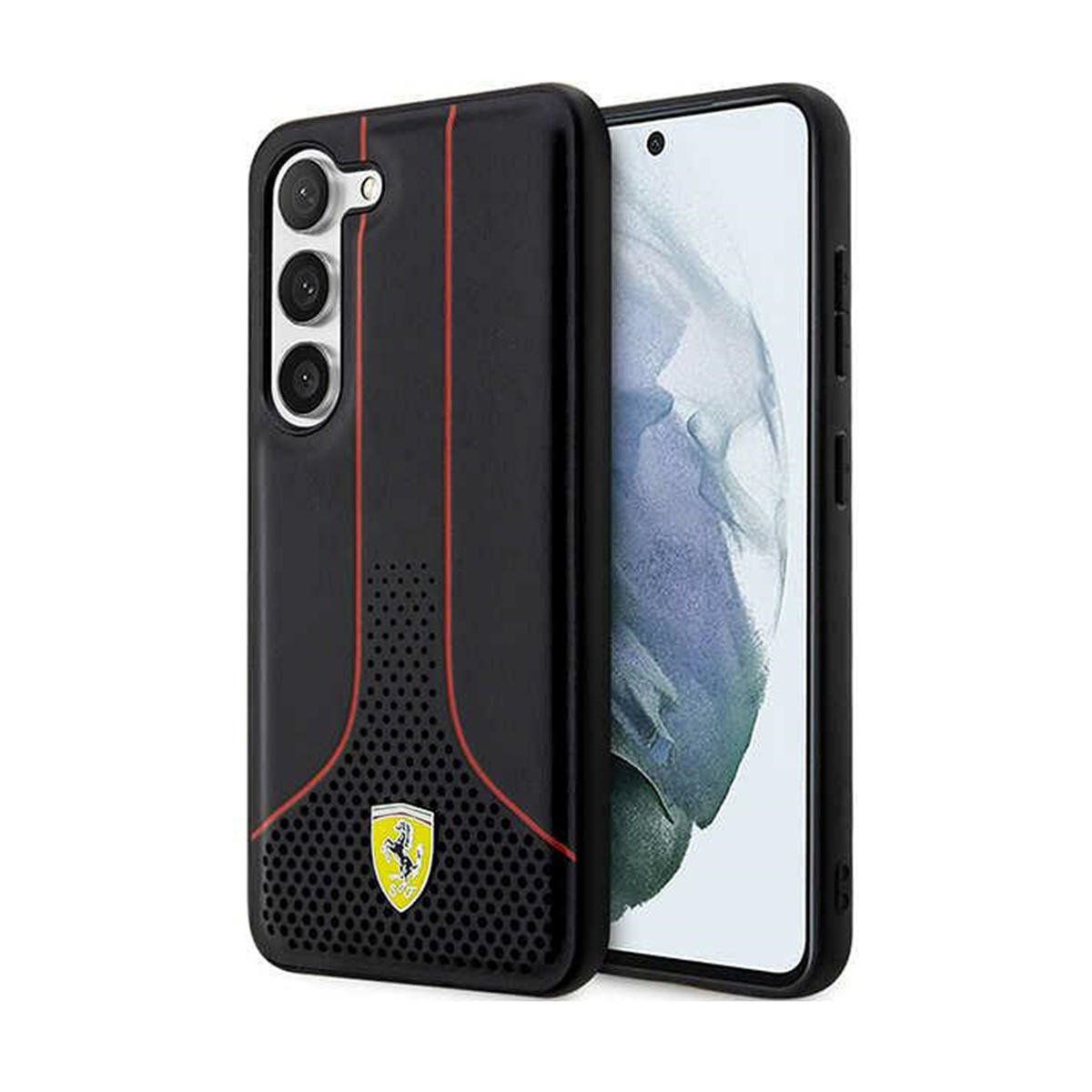 Custodia nera per telefono con striscia rossa e stemma Ferrari giallo, su sfondo bianco.