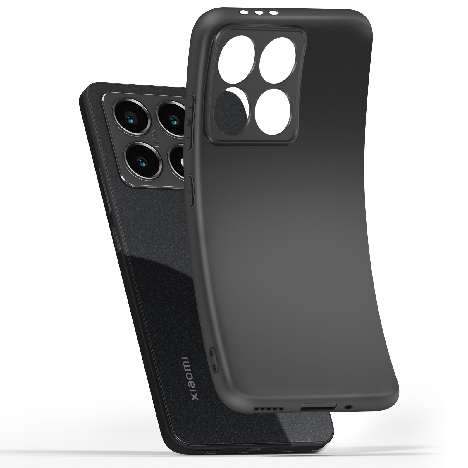 Custodia nera con quattro ritagli per fotocamera, accanto a un telefono con più fotocamere.