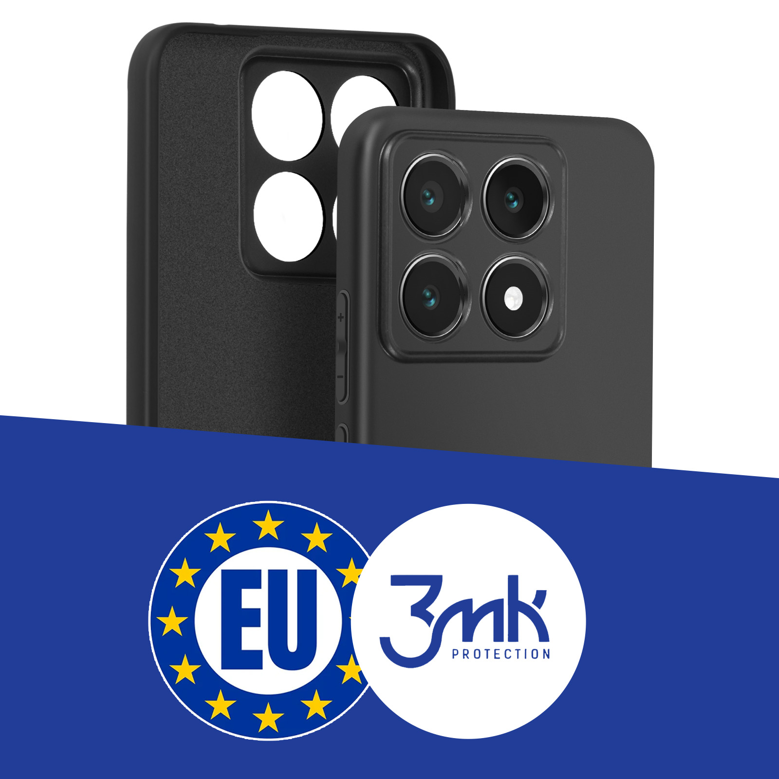 Custodia nera con loghi UE e 3mk. La custodia è nera e presenta un logo su sfondo blu.